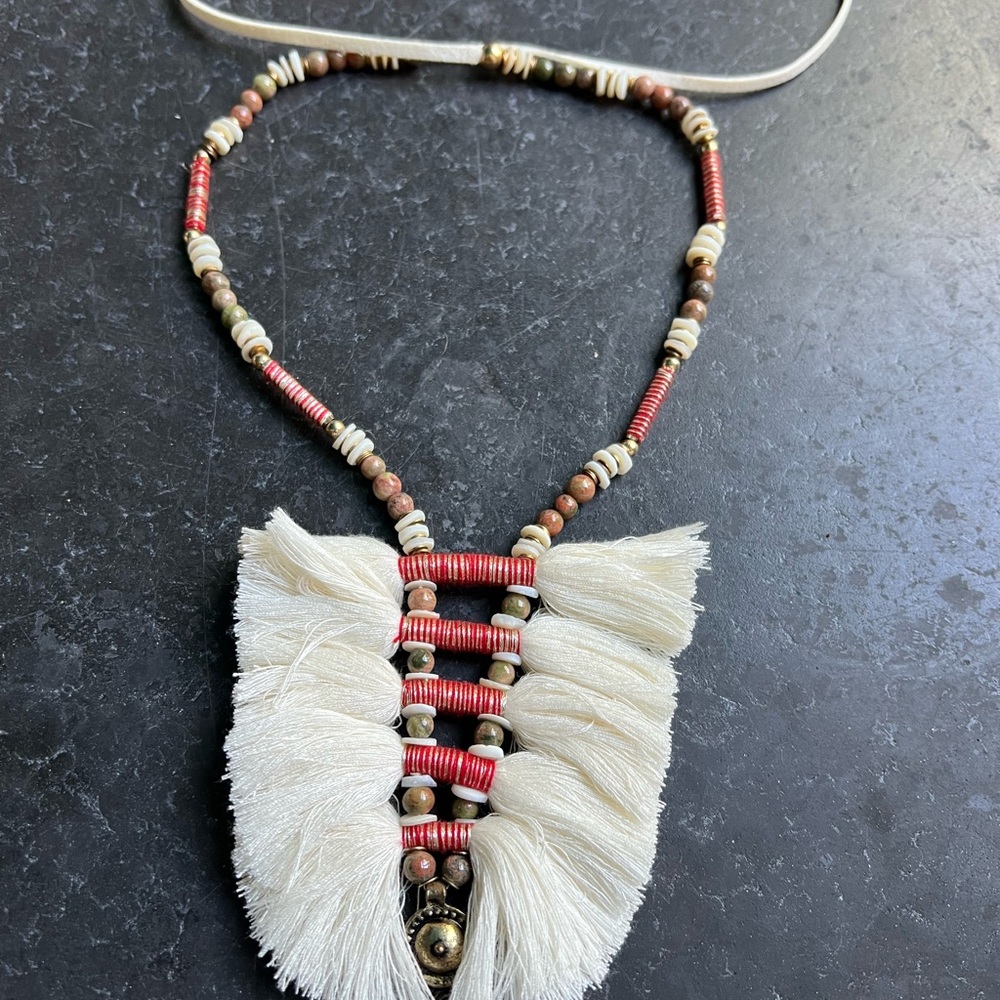 Bohemian Tassel Necklace with Red and Cream Beads